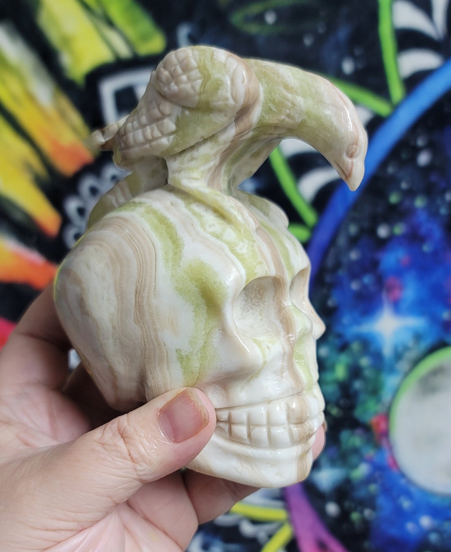 Nephrite Jade Skull w/Crow Carving