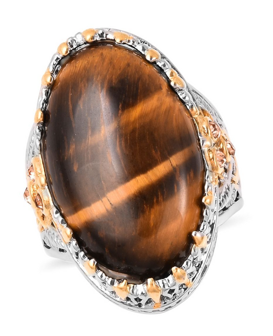 South African Tigers Eye ION Plated YG & Stainless Steel Ring - Size 9