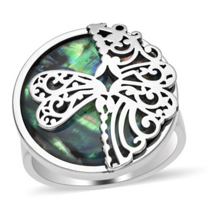 Abalone Shell Dragonflies Ring in Stainless Steel - Size 9