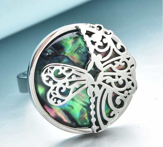 Abalone Shell Dragonflies Ring in Stainless Steel - Size 9