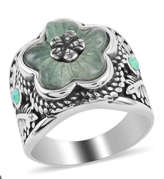 Green Aventurine Carved & Peridot Crystal Flower Ring in Stainless Steel - Size 9