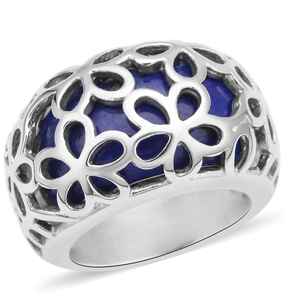 Lapis Lazuli Floral Dome Ring in Stainless Steel - Size 8
