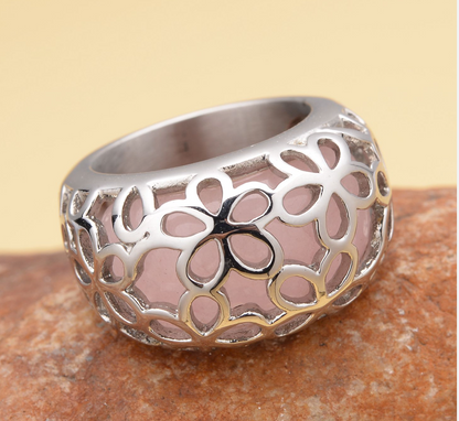 Rose Quartz Floral Dome Ring in Stainless Steel - Size 8